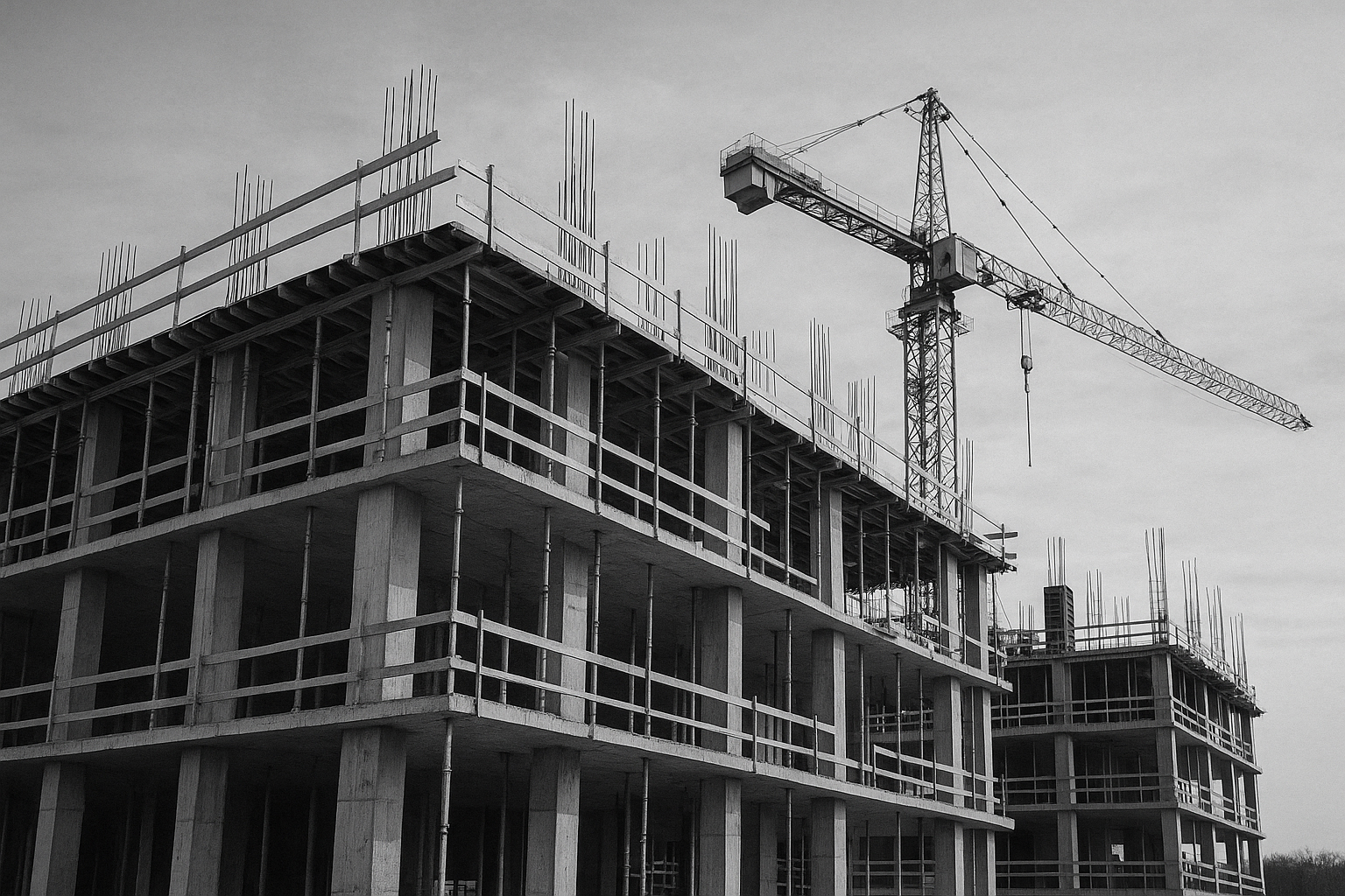 Black and white image of a building under construction with a tower crane in the background.